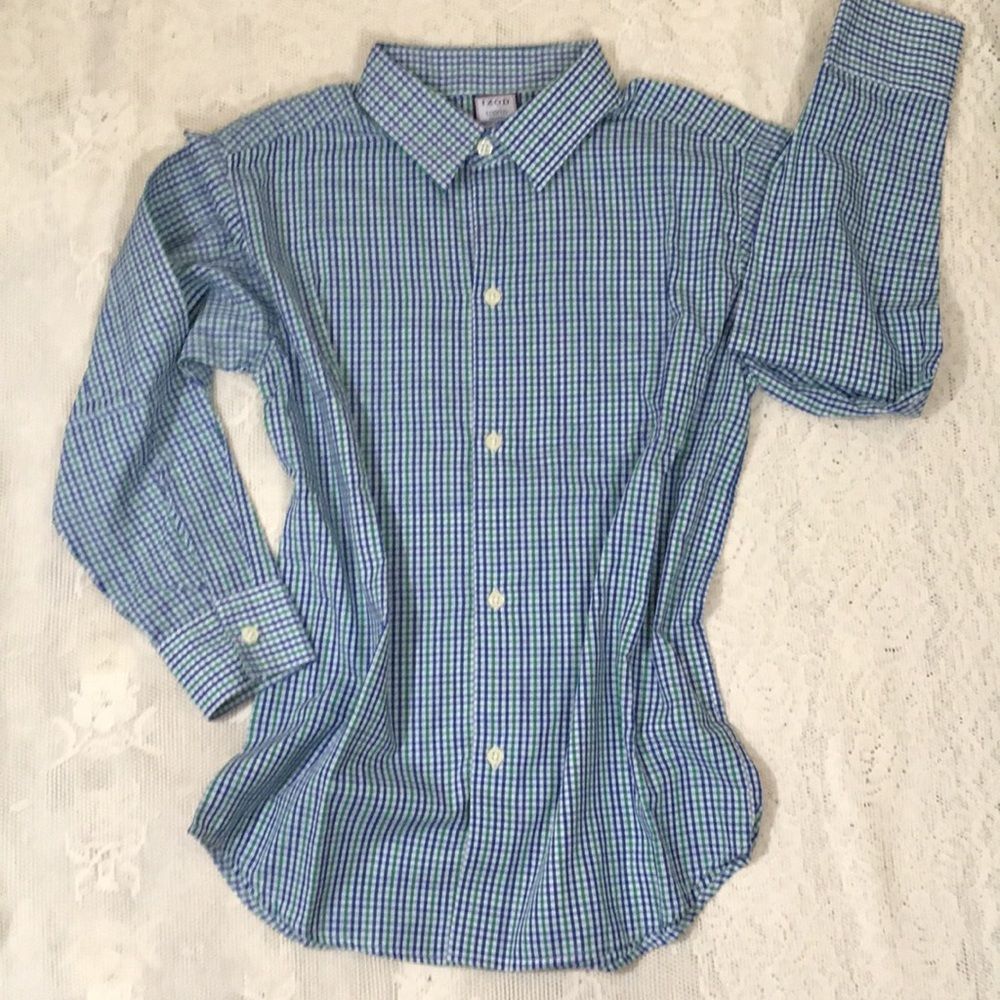Izod. Boys 10/12 shirt. Green and blue plaid print. Very good condition.